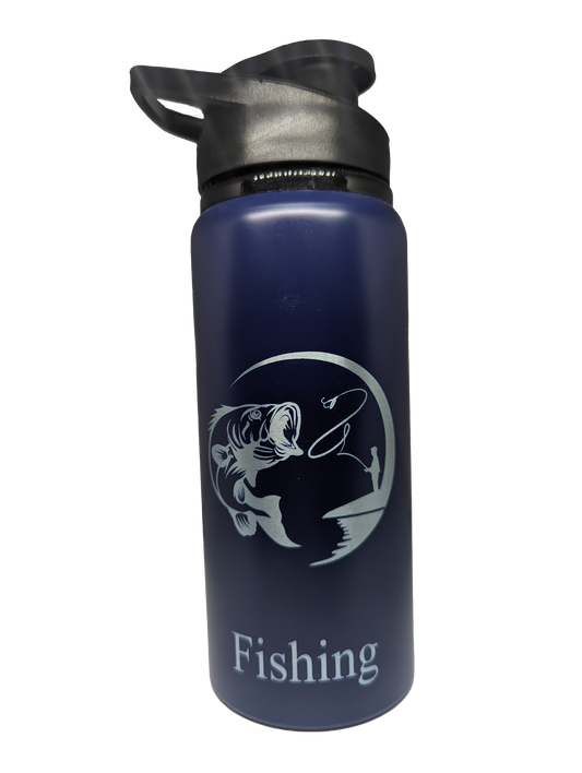 Blue aluminum water bottle Gone fishing.